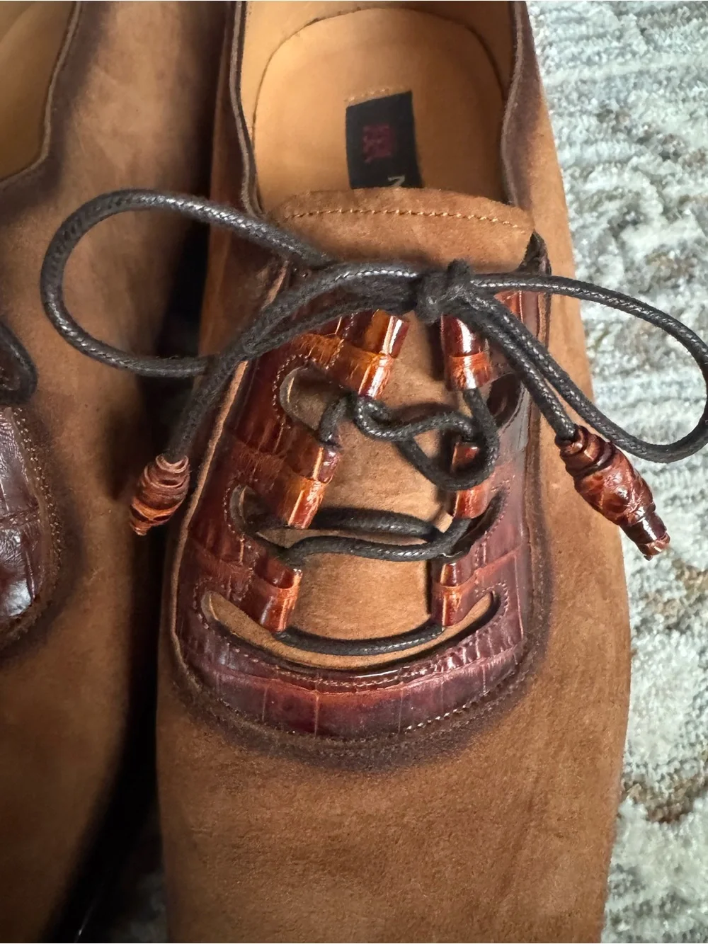 Mezlan Tan Suede Oxfords with Cognac Leather Lace Panels